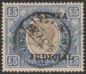 KENYA 1928 'KENYA JUDICIAL' on KGV £5 black & blue revenue. Rare.