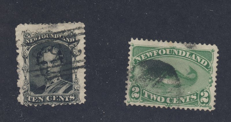 2x Canada Newfoundland Used Stamps #27-10c #47-2c Cod Fish Guide Value = $70.00