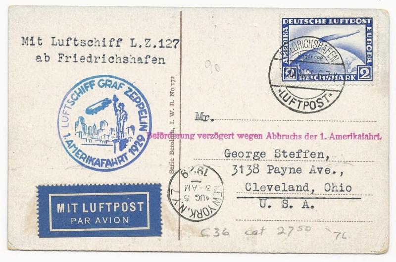 Germany Scott #C36 on Air Mail Cover Post Card Berlin to USA 1929