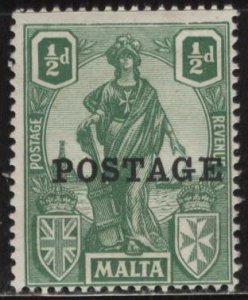 Malta 117 (mhr) ½p allegory of Malta, grn, ovptd “POSTAGE” (1926)