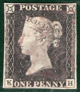 GB PENNY GREY-BLACK QV 1840 Stamp SG.3 1d Plate 2 (KH) Light PINK MX Used SBR37