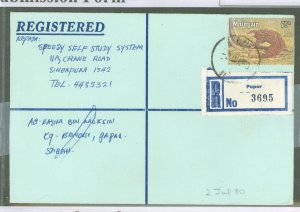 Malaysia  1980 75c registered & postage rate; used from paper, Kota Kinabalu & S'Dome, cancel reverse