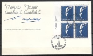 1980 Canada Sc859 John George Diefenbaker Je Suis Canadian block of 4 FDC