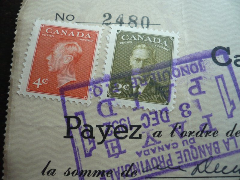 Canada - Revenue - KGVI Issue Stamps on cheque dated 1952