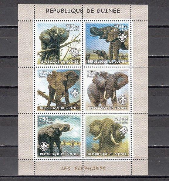 Guinea, 2002 issue. Elephant sheet of 6 with Scout Logo. ^
