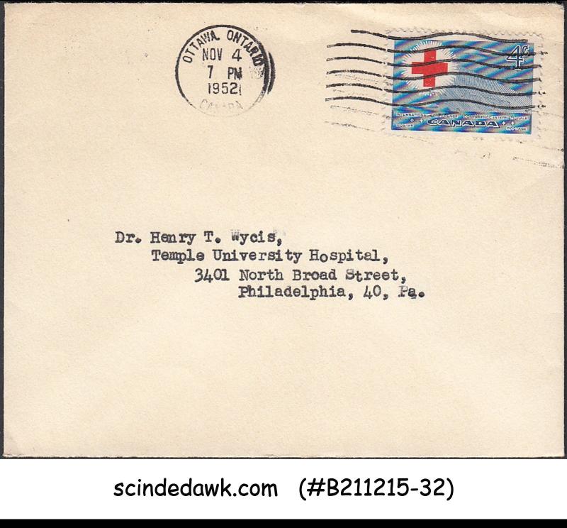 CANADA - 1952 ENVELOPE TO USA WITH RED CROSS STAMP