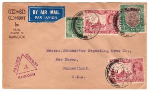 Burma KGV 1/2a, 1 rupie, KGVI 2a6p(2) airmail to U.S., Jan. 1940