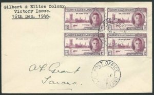 GILBERT & ELLICE 1946 Victory 1d block of 4 on cover......................41362 