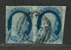 US Sc#9 Used, Pair Plated Pos 8+9R1L Sm. Fault On Left Stamp, Cv. $180