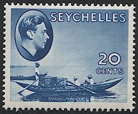 SEYCHELLES 1941  Sc  135  20c  KGVI + Fishing Canoe Mint NH VF, cv $45