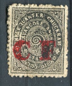 INDIA; TRAVANCORE early 1900s local ' CF ' Optd Revenue fine used 3/4ch.