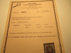 US Stamps Scott #1 Used 1847, Alan Miller Certificate, Blue Grid Cancel, SCV 475