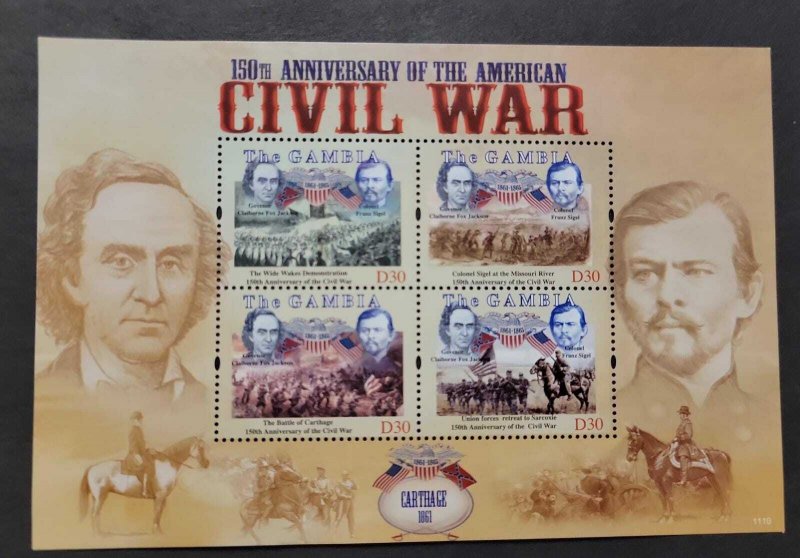 SA) 2011 GAMBIA, AMERICAN CIVIL WAR ANNIVERSARY, SHEET OF 4 STAMPS, MNH 