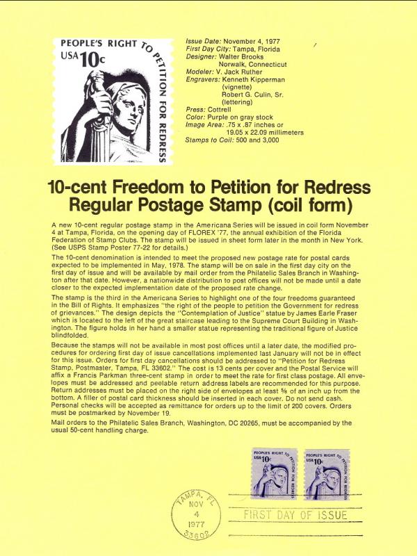 US SP398A Petition For Redress Coil 1617 Souvenir Page FDC