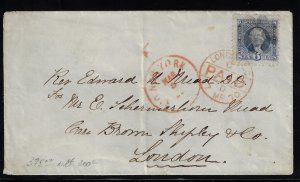 Scott #115 - $475.00 – Fine – Tied on 1870 cover to London. Showpiece!!