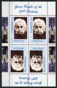 Angola Einstein Stamps MNH Great Famous People of 20th Century Science 4v M/S