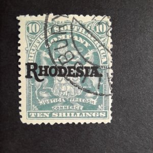 BSAC Rhodesia overprint. 10/- dull green. Fine used. SG112, Sc#98.