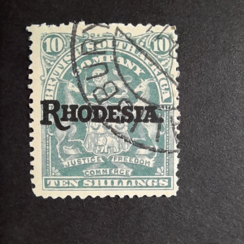 BSAC Rhodesia overprint. 10/- dull green. Fine used. SG112, Sc#98.