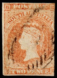 South Australia Scott 2 (1855) Used F, CV $100.00 M