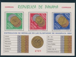 Panama  # 456Jk, Innsbruck Olympics Medals, Perf Souvenir Sheet, NH, 1/2 Cat.