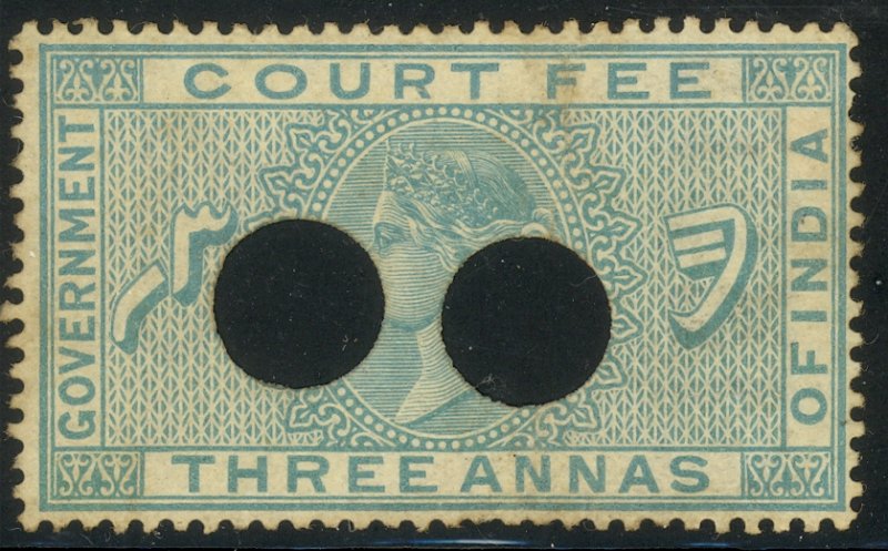 INDIA 1872 QV 3a COURT FEE Revenue BFT. 156 Punch Hole Cancel Used
