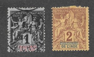 French India Scott 1-2 Used/Unused - 1892 Navigation and Commerce - SCV $3.40