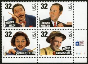 #3103a 32c Songwriters, Plate Block [P111111 LR], Mint **ANY 4=FREE SHIPPING**