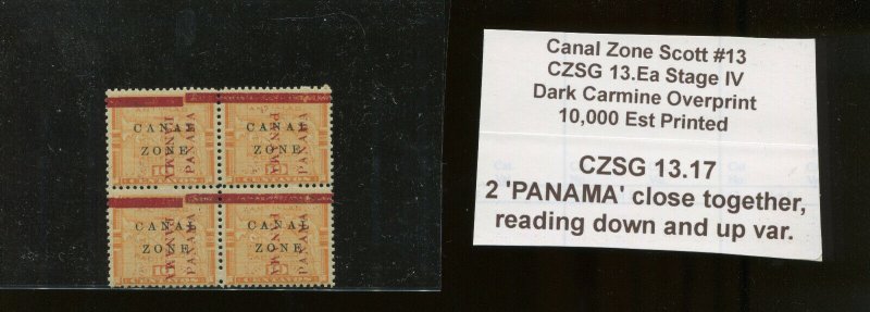 Canal Zone Scott 13 Mint Block of 4 Stamps CZSG Var 13.17 & SPLIT TOP BAR VAR.