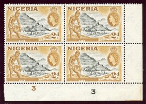 Nigeria 1953 QEII 2d black & yellow-ochre SE corner Plate 3 block MNH. SG 72.