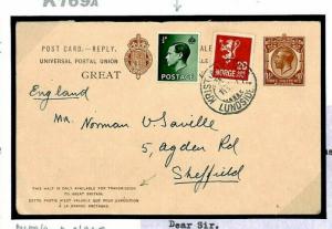 GB NORWAY MIXED FRANKING KGV Reply Card *Lundsiden* 1937 Yorks Sheffield K169a