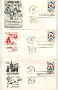 1960 CAMP FIRE GIRLS GOLDEN JUBILEE 1167 SET OF 3 DIFFERENT CACHETS UNADDRESSED