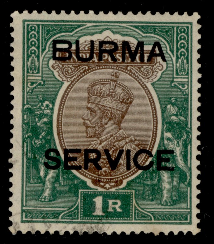 BURMA GV SG O11, 1r chocolate & green, FINE USED. Cat £14.