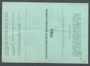 CANADA REVENUE ONTARIO 1980 CANADIAN RESIDENT ANGLING LICENCE