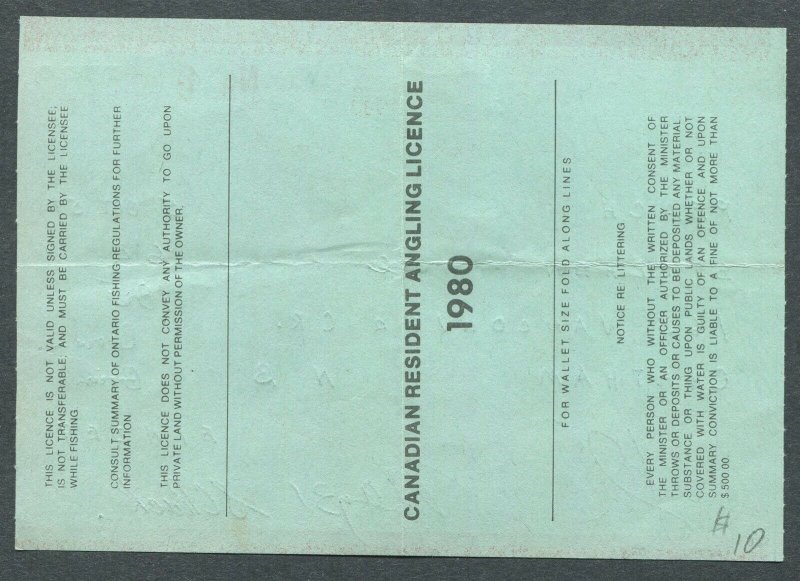 CANADA REVENUE ONTARIO 1980 CANADIAN RESIDENT ANGLING LICENCE