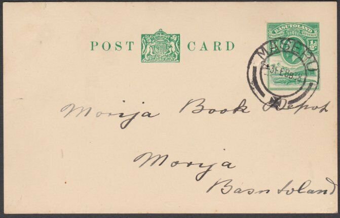 BASUTOLAND 1938 GV ½d postcard commercially used MASERU to Morija...........N369