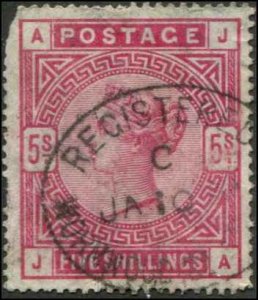 Great Britain SC# 108 Victoria 5sh regidtered cancel  faulted corner SCV $250.00