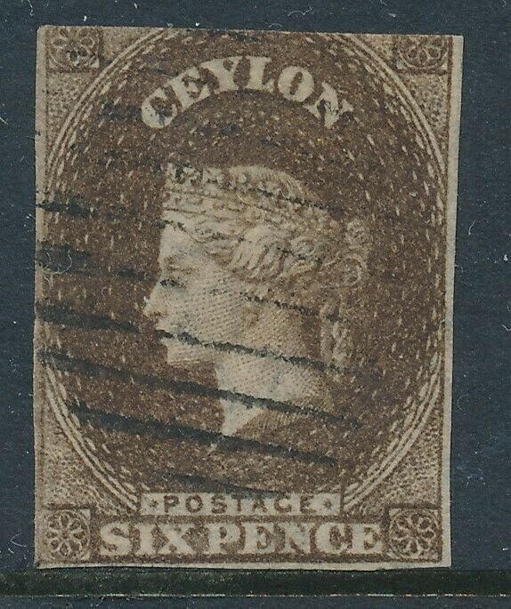 SG 8 Ceylon 1857 - 59 9d Purple Brown wmk star, very fine used, 4 good margins,