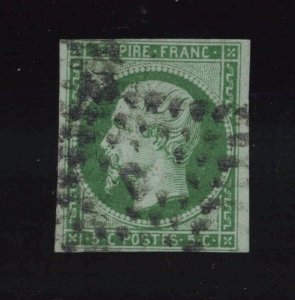 France Sc #13 (1854) 5c green on greenish Napoleon III D Lozange Cancel Used