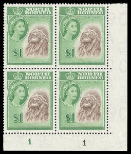 North Borneo 1961 QEII $1 'Orang-Utan' Plate 1 block superb MNH. SG 403.