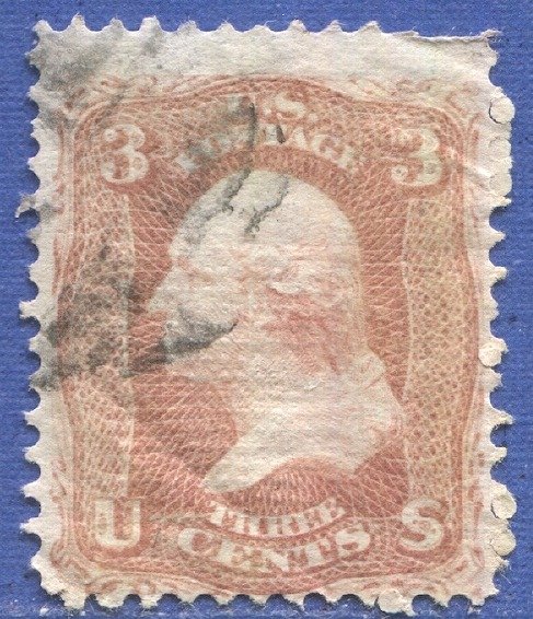 US 1868 Sc 94a  Used  F-VF 3c rose Washington with F Grill, crease, cv $10