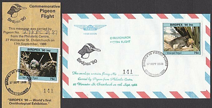 NEW ZEALAND 1988 Birdpex Pigeon flight flimsy + commem cover................L383