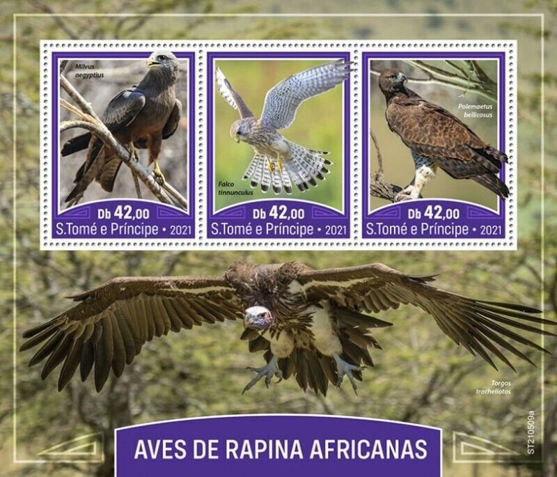 St Thomas - 2021 African Birds of Prey, Kite, Eagle - 3 Stamp Sheet - ST210509a