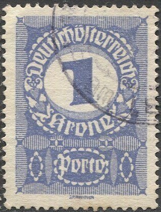 AUSTRIA 1920  Sc J84 1k Postage Due Used, VF, White Paper variety