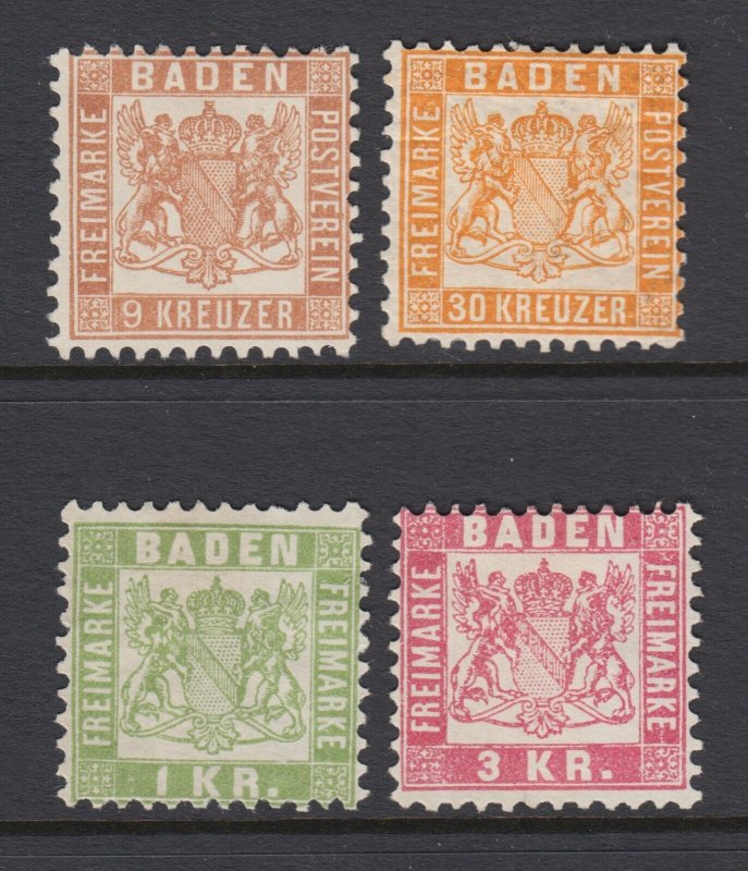 Baden Sc 17, 25, 26, 27 MNG. 1862-68 issues, 4 different, F-VF appearing.