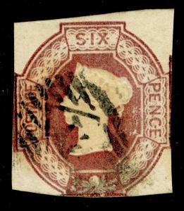 Sg58, 6d mauve, CUT SQUARE, good used. Cat £1000. WMK REVERSED. 