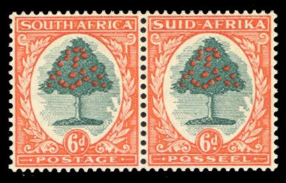 South Africa #60 Cat$57.50, 1950 6p orange and blue green, se-tenant pair, ne...