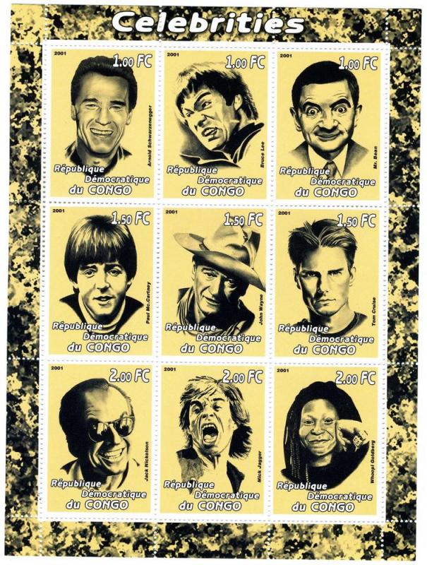 Congo 2001 Caricatures Bruce Lee-Mc.Cartney-Mick Jagger Sheet Perforated mnh.vf