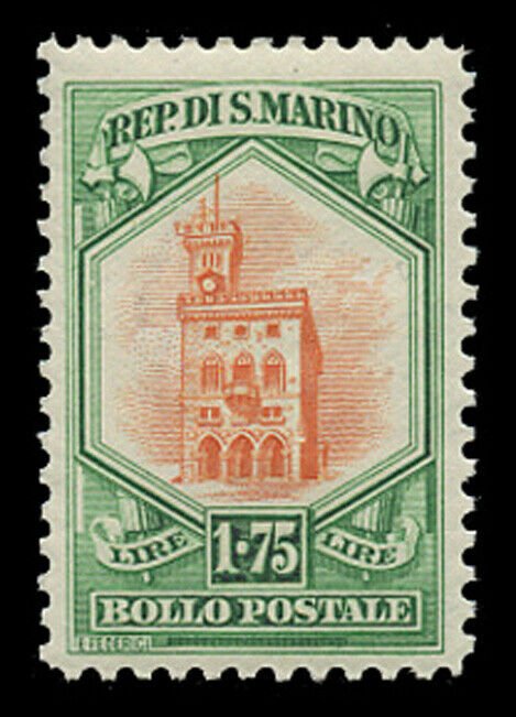 SAN MARINO Sc# 125, 1929 1.75 lire GOVERNMENT PALACE, MINT F-VF NH