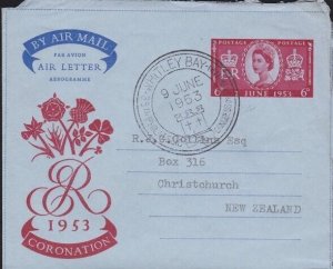 GB 1953 Coronation 6d aerogramme commercially used to New Zealand..........B3188