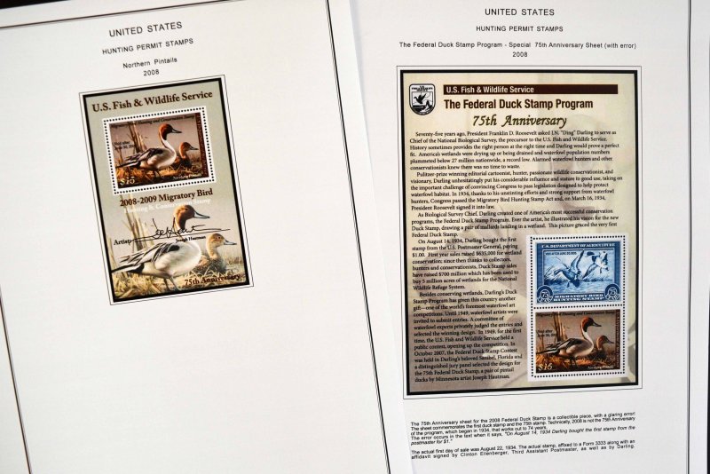 LIGHTHOUSE SF Illustrated album pages USA, hunting permit duck stamps at